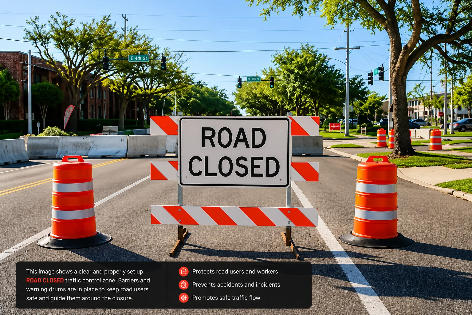 Road closed sign, traffic barriers and warning drums used for road and site safety